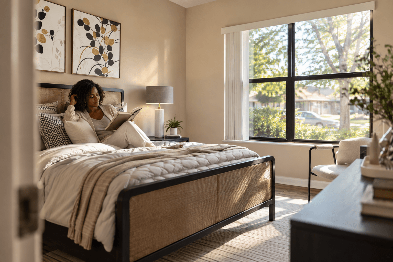 A woman is reading a book on a bed in a well-lit room.